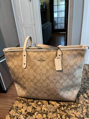 Coach Signature Canvas Tote in Beige with Cream Trim